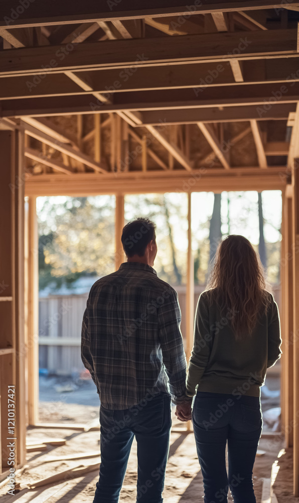 A couple stands hand in hand, looking at their new home under construction. The warm sunset casts a golden glow through the wooden frames, creating a serene atmosphere. A couple stands hand in hand, looking at their new home under construction. The warm sunset casts a golden glow through the wooden frames, creating a serene atmosphere.