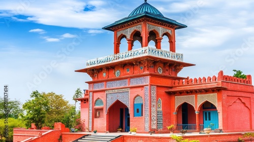 Red Mughal-style pavilion, Pakistan, sunny day, lush garden, tourism photo