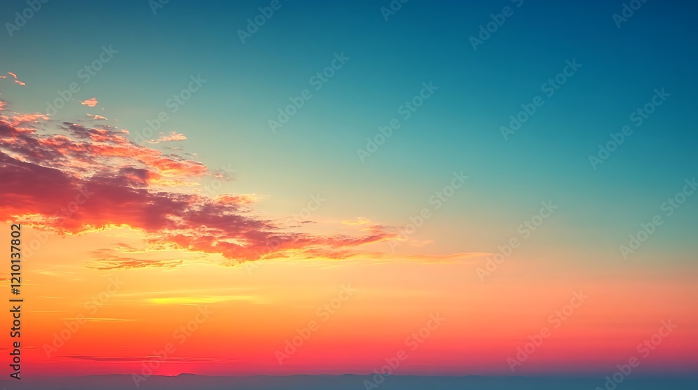 Naklejka premium Sunrise Serenity: A vibrant orange and pink sky glows with a soft, diffused light, casting an ethereal and peaceful ambiance as the day begins.