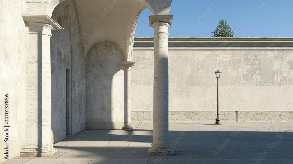 Fototapeta premium Classical columns, courtyard, sunlight, wall, shadows, architectural, design, backdrop, exterior, rendering