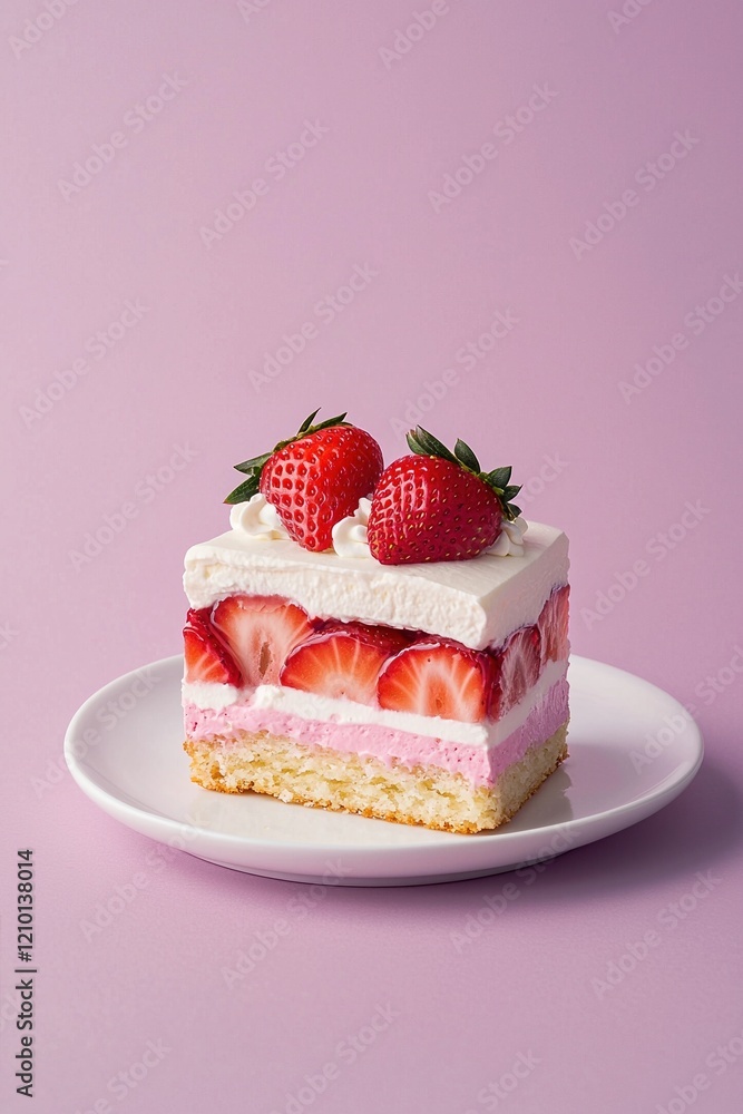 Delicious layers of strawberry shortcake with whipped cream and fresh strawberries on a plate Delicious layers of strawberry shortcake with whipped cream and fresh strawberries on a plate