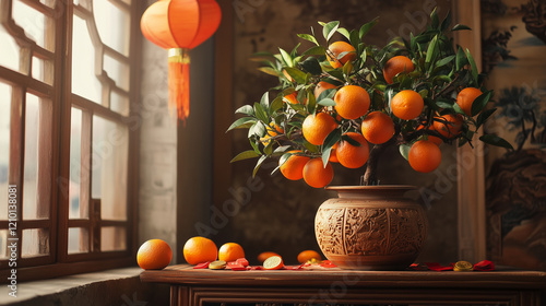 Indoor Kimkit orange tree, traditional carved wooden pot with tree filled with brightly colored oranges, ai generated images. photo