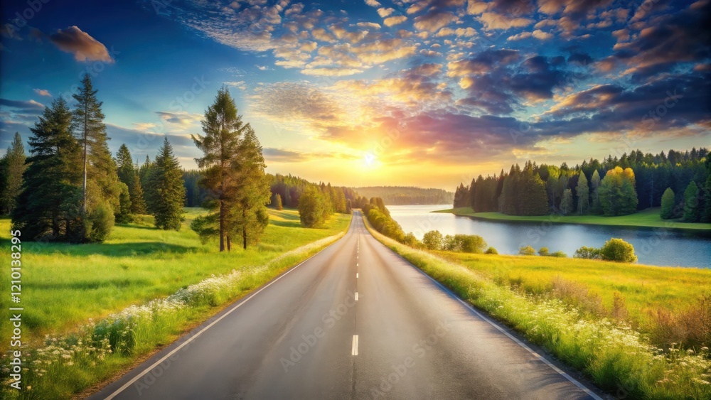 Fototapeta premium Asphalt road leads to a tranquil lake at sunset, surrounded by lush green fields and towering pine trees.