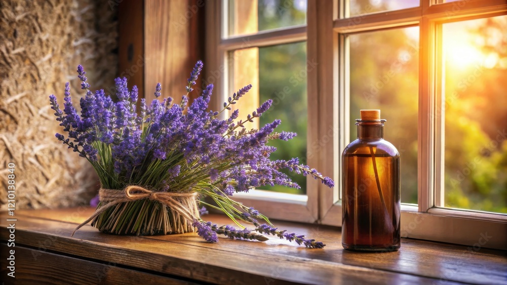 Serene Lavender Bouquet and Aromatic Oil on Rustic Windowsill Serene Lavender Bouquet and Aromatic Oil on Rustic Windowsill