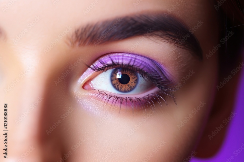 Obraz premium The right eye with purple eyelashes and eyebrown cosmetics skin lipstick