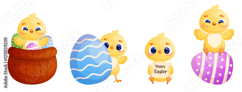 Cute easter chicks set isolated on white. Cartoon baby chicken with Easter eggs. Card, stickers, banner, poster vector design elements collection. 