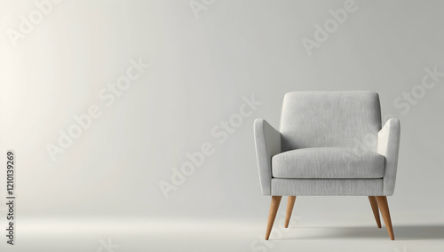 A Photoshop image of a gray chair with wooden legs, set against a white background