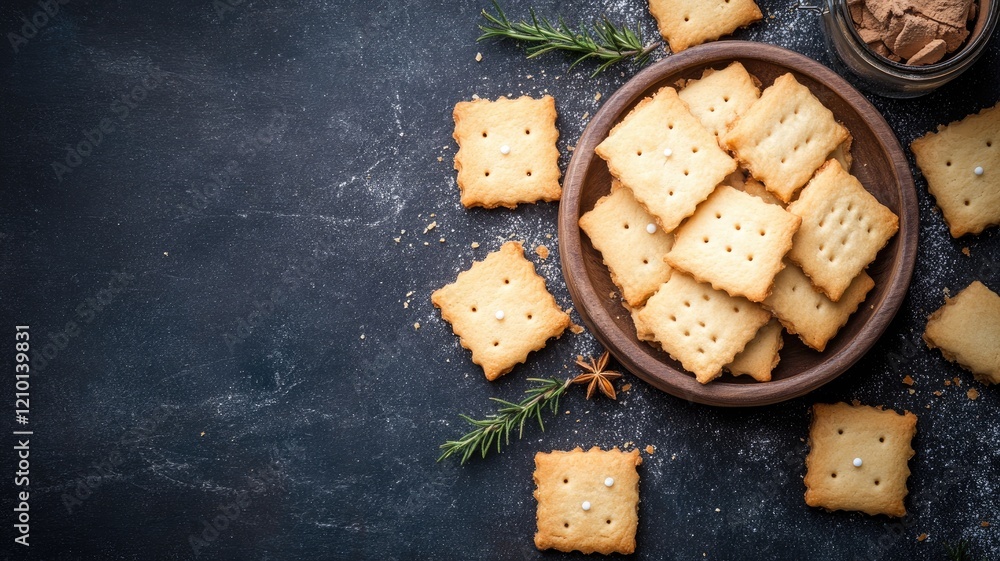 Fototapeta premium Square homemade cookies on dark background with herbs