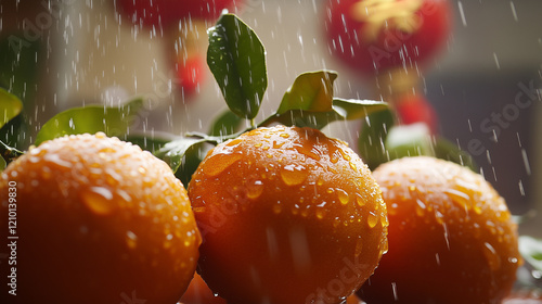 Kimkit oranges for Chinese New Year, close-up of fresh kimkit oranges with bright green leaves, water droplets give a fresh effect, ai generated images. photo