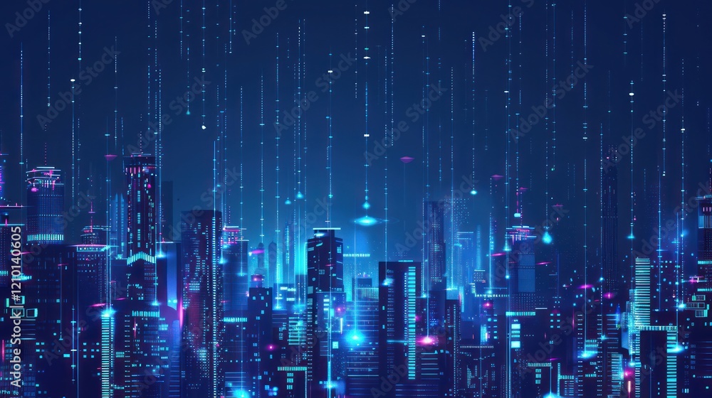 Obraz premium Futuristic Cityscape with Digital Rain