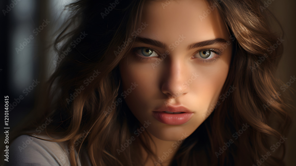Serene Portrait of a Woman with Long Brown Hair Serene Portrait of a Woman with Long Brown Hair