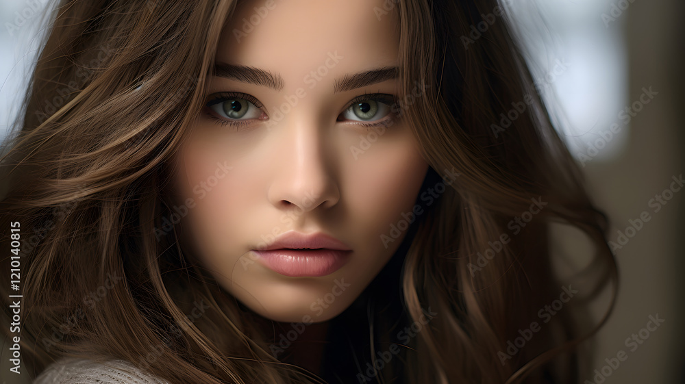 Serene Portrait of a Woman with Long Brown Hair Serene Portrait of a Woman with Long Brown Hair