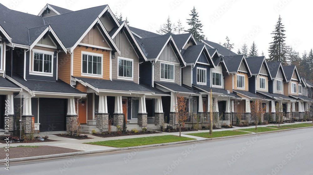 New townhouses, suburban street, forest backdrop, real estate New townhouses, suburban street, forest backdrop, real estate