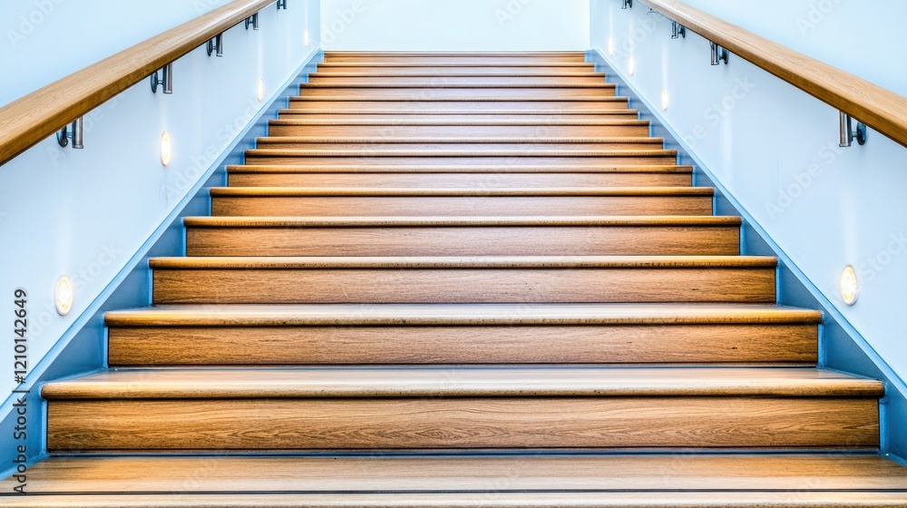 Modern wooden stairs ascending in bright hallway, interior design, corporate success Modern wooden stairs ascending in bright hallway, interior design, corporate success