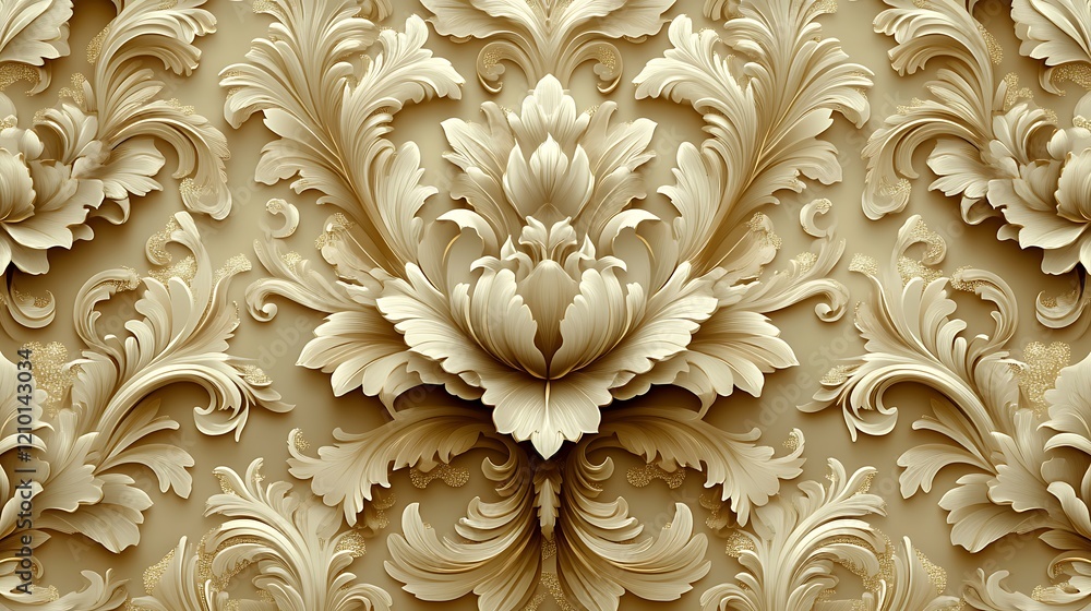 Elegant Damask Pattern: Intricate, three-dimensional damask pattern in beige tones, showcasing a luxurious and sophisticated design with repeating floral motifs. Perfect for backgrounds, wallpapers. Elegant Damask Pattern: Intricate, three-dimensional damask pattern in beige tones, showcasing a luxurious and sophisticated design with repeating floral motifs. Perfect for backgrounds, wallpapers.
