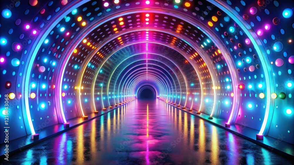 Futuristic Neon Tunnel with Vibrant Multicolored Lights and Reflective Floor Futuristic Neon Tunnel with Vibrant Multicolored Lights and Reflective Floor