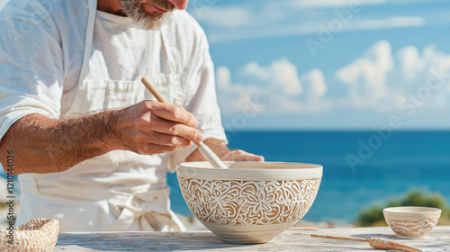 Craftsman shaping intricate designs on quality pottery by sea