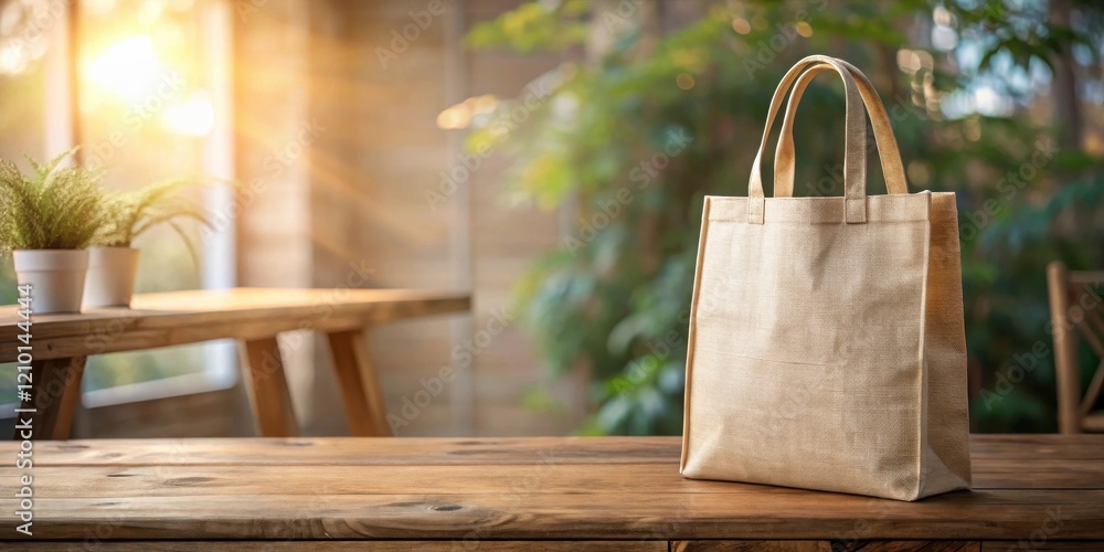 A Sustainable Tote Bag on a Wooden Table with a Sunlit Background