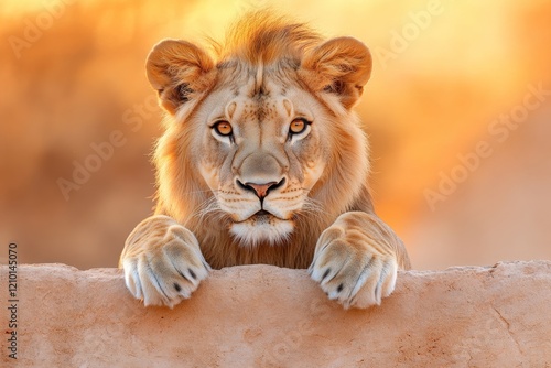 A close-up of a lion resting in the shade of its habitat, its golden mane glowing in the soft afternoon light photo