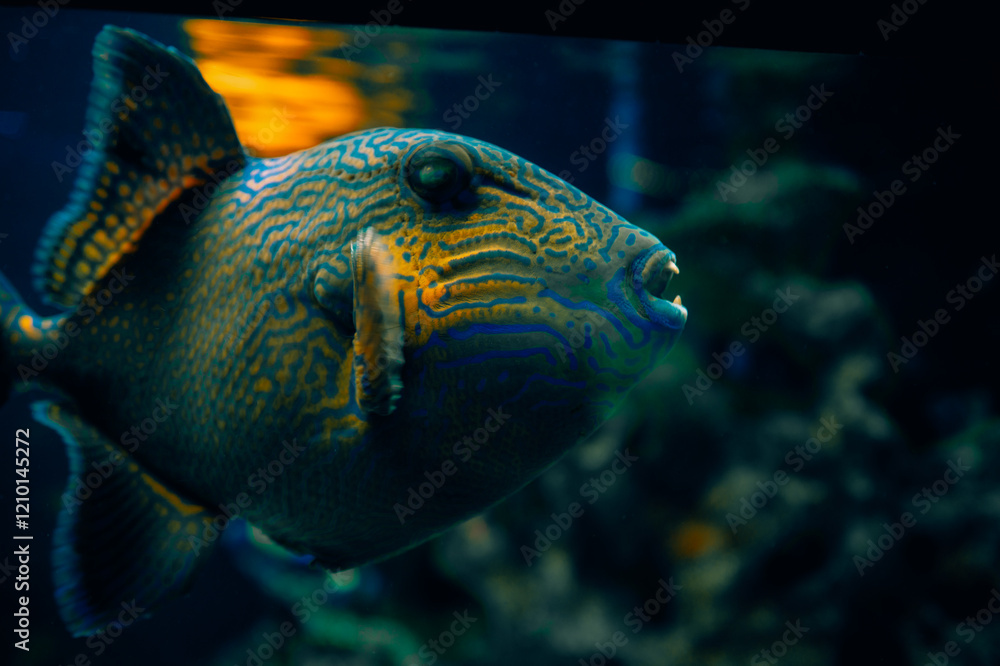 Close-up of a brightly colored tropical fish with intricate patterns, swimming in an aquarium. A vivid display of marine life and underwater beauty in a vibrant aquatic setting.