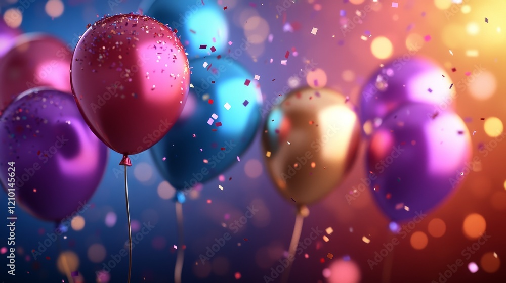 Shiny balloons with confetti in celebration Shiny balloons with confetti in celebration