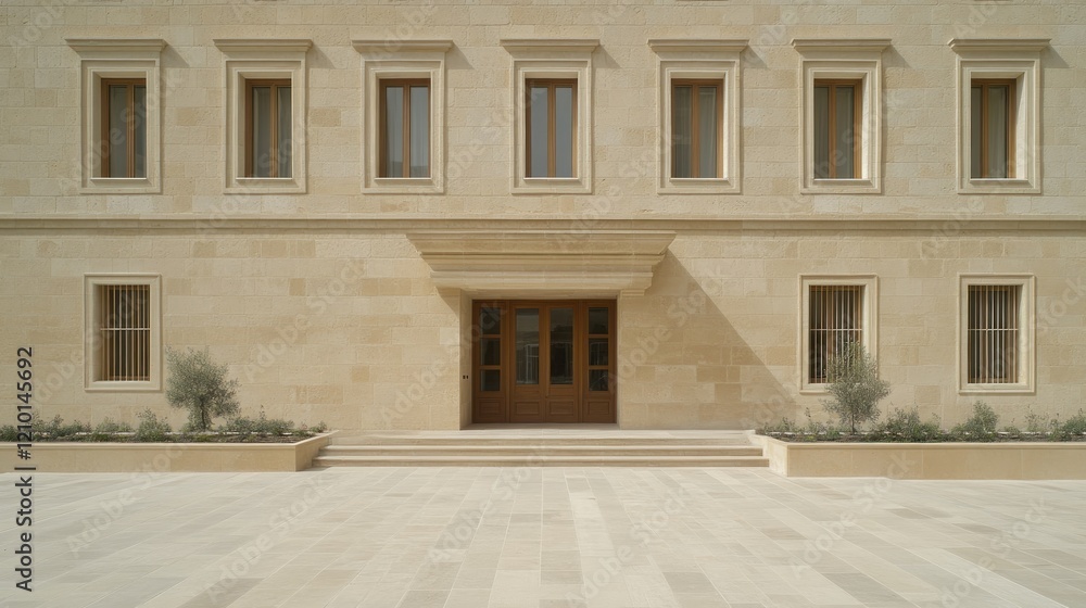 Elegant building entrance, courtyard, sunlight, stone facade, Middle East