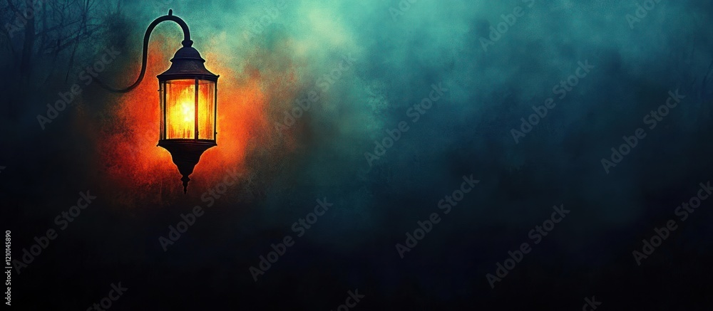 Glowing lantern on foggy night, dark trees, spooky scene, Halloween Glowing lantern on foggy night, dark trees, spooky scene, Halloween