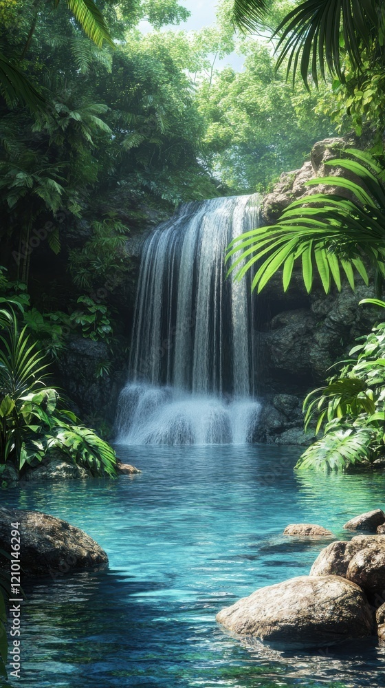 Fototapeta premium Lush jungle landscape featuring a serene waterfall cascading into a tranquil pool amidst vibrant greenery