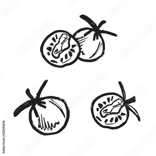 Cherry tomato whole and half cut in black isolated on white background. Hand drawn vector sketch illustration in vintage brush stroke textured style. Vegetable design, print, cooking