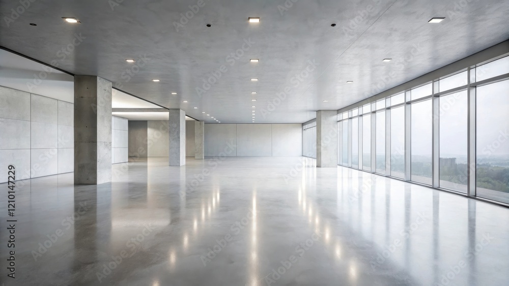 Spacious Modern Office with Floor-to-Ceiling Windows and Concrete Pillars Spacious Modern Office with Floor-to-Ceiling Windows and Concrete Pillars