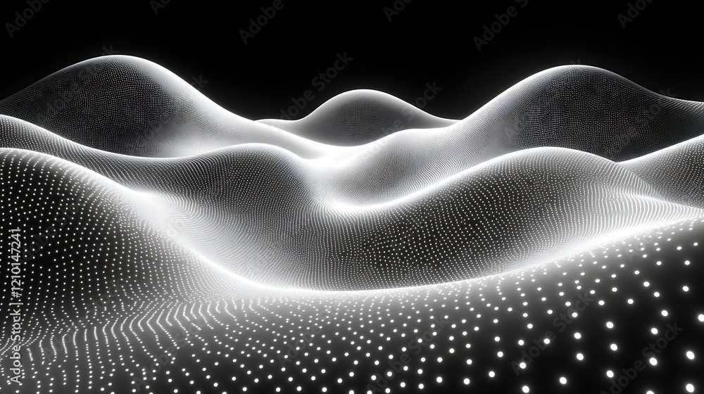 Abstract Glowing Landscape: A mesmerizing abstract landscape composed of undulating hills, rendered in a captivating monochrome palette with subtle glowing white dots. Abstract Glowing Landscape: A mesmerizing abstract landscape composed of undulating hills, rendered in a captivating monochrome palette with subtle glowing white dots.