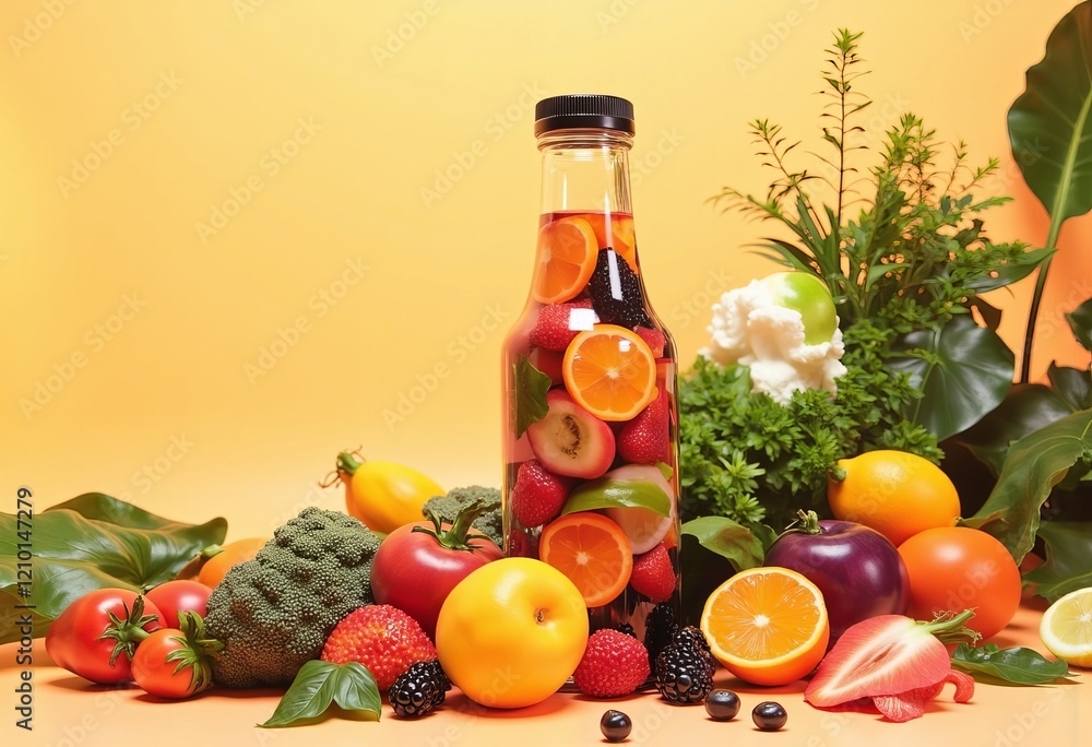 Fresh vegetables and fruit arrangement with juice bottle in outdoor setting Fresh vegetables and fruit arrangement with juice bottle in outdoor setting