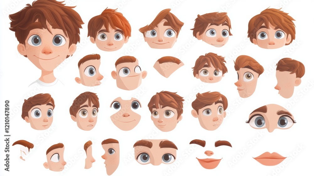 Boy avatar construction set. Child face creation with head parts, eyes, lips with different emotions, noses, hairstyles, brows isolated on white background, vector cartoon set Boy avatar construction set. Child face creation with head parts, eyes, lips with different emotions, noses, hairstyles, brows isolated on white background, vector cartoon set