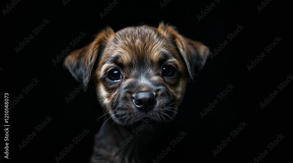 Cute Puppy Dog Calmly Looking at the Camera, Emerging from Darkness with Only Its Head Visible Cute Puppy Dog Calmly Looking at the Camera, Emerging from Darkness with Only Its Head Visible