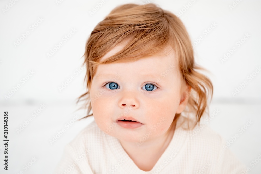 Portrait of a baby with red hair and blue eyes in a white bodysuit smiling happily on the bed at home, healthy happy cute newborn baby boy close-up Portrait of a baby with red hair and blue eyes in a white bodysuit smiling happily on the bed at home, healthy happy cute newborn baby boy close-up