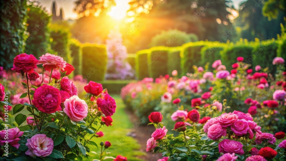 Fototapeta premium A sunlit garden path meanders through rows of vibrant pink and crimson roses, creating a breathtaking floral landscape.