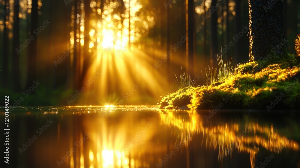 Naklejka premium Sunlight streaming through tall trees serene forest nature photography tranquil environment