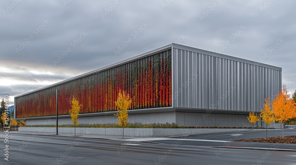 Obraz premium Autumnal facade, urban building, fall foliage, city street, architectural design
