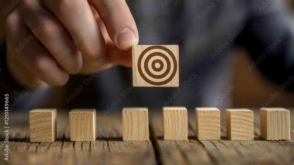 Strategic Marketing Concept - Man Choosing Target Customer Icon from Wooden Blocks Strategic Marketing Concept - Man Choosing Target Customer Icon from Wooden Blocks