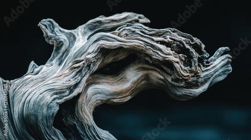Twisted driftwood art, dark background, coastal scene, nature design