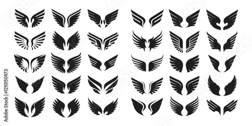 Black wings set, vector, silhouette, appropriate for logo, emblem design. Illustration, graphic art, animal symbol.