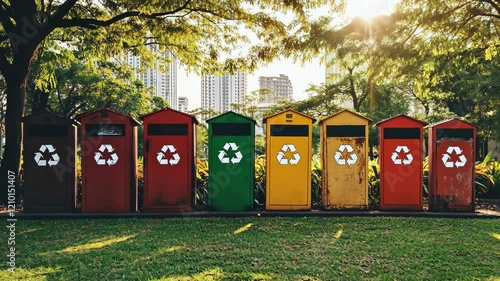 Wallpaper Mural Colorful recycling bins lined up in a park during sunset in an urban environment Torontodigital.ca