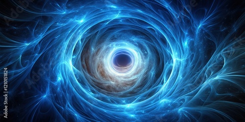Abstract swirling blue energy vortex leading to a bright center