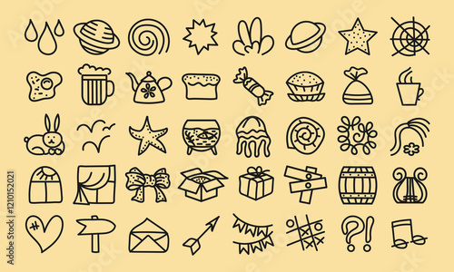 Forty cute doodles imitating children's drawings. Celestial bodies, food, fauna, household utensils, signs and symbols. Vector set