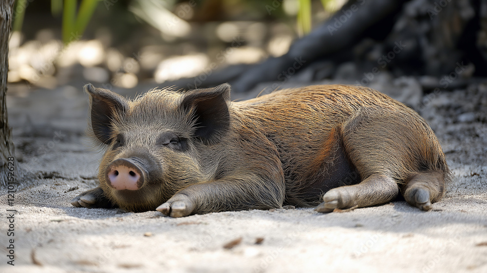 Adorable Young Pig Resting on Soft Sand Under Natural Shade in a Tranquil Outdoor Setting Adorable Young Pig Resting on Soft Sand Under Natural Shade in a Tranquil Outdoor Setting
