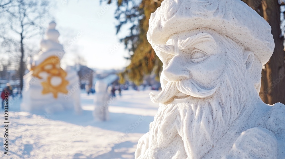 Intricately carved snow sculptures in snowy park setting Intricately carved snow sculptures in snowy park setting