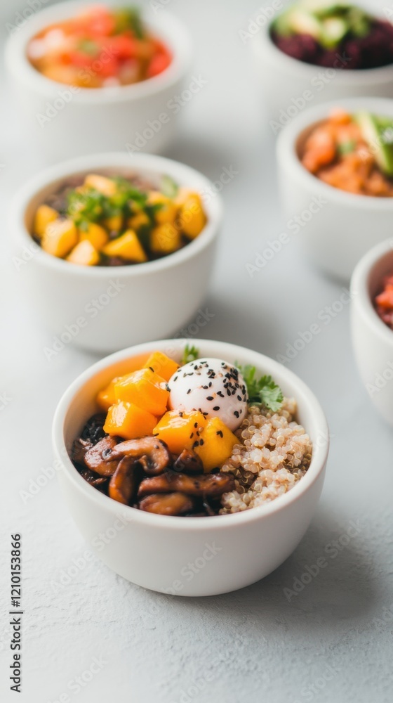 Artful arrangement of tiny bowls with healthy ingredients and textures Artful arrangement of tiny bowls with healthy ingredients and textures