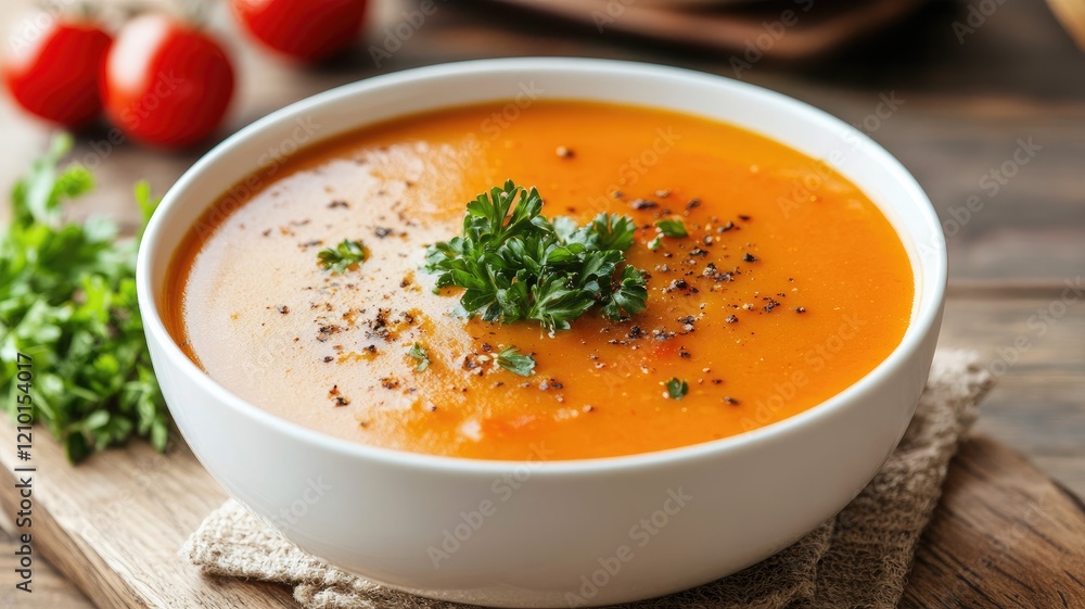 Creamy tomato soup garnished with parsley served in white bowl Creamy tomato soup garnished with parsley served in white bowl