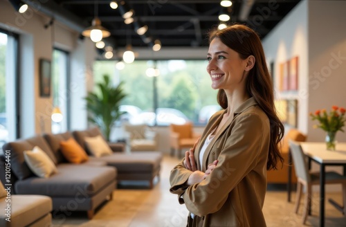 A woman with long brown hair stands confidently in a stylish furniture store. She smiles while surrounded by contemporary sofas and decor, enhancing the inviting atmosphere with natural light. photo