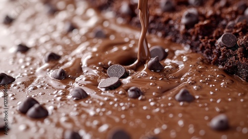 Chocolate chip brownie batter pouring, kitchen, baking photo